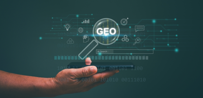 Símbolos de GEO en marketing flotan sobre celular